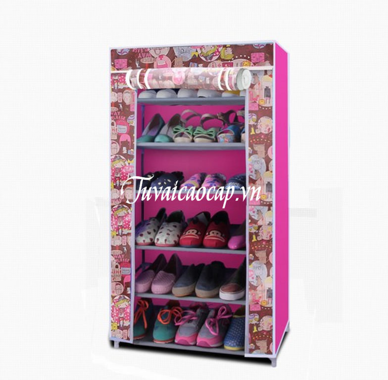 Tủ vải để giày họa tiết dễ thương phối hợp màu hồng